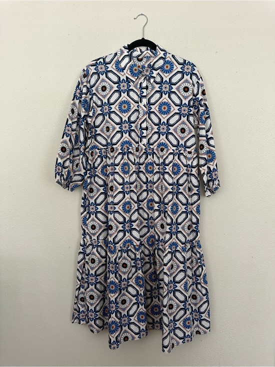 Anthropologie Dresses & Skirts - Maeve Blue & White Geometric Tiered Midi Dress